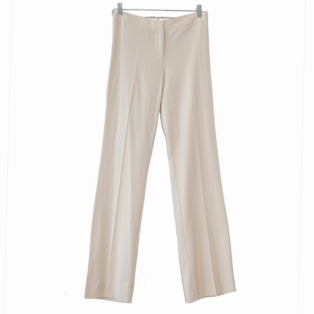 2000s Beige Pin Striped Low Rise Trousers Size Small Straight Wide Leg Workwear